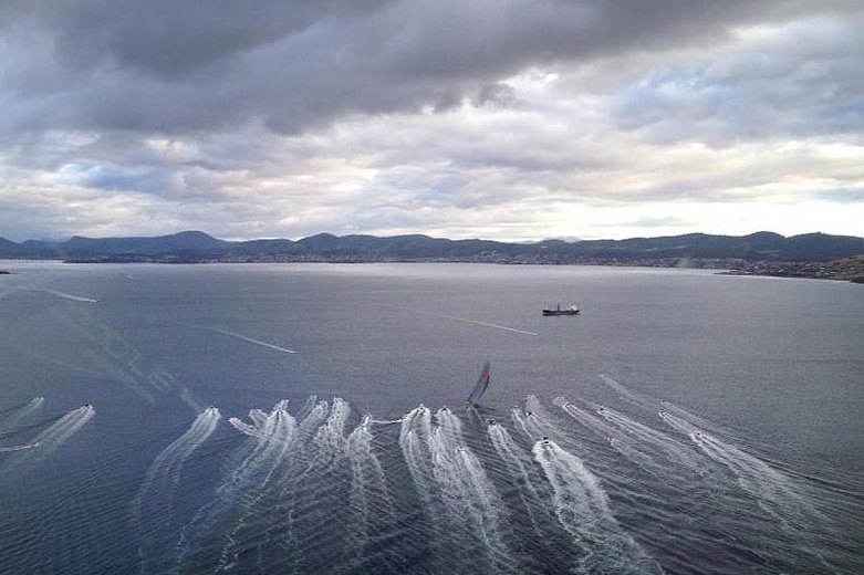 Sydney-Hobart leader Wild Oats X1  heads to the finish line in the River Derwent last year.