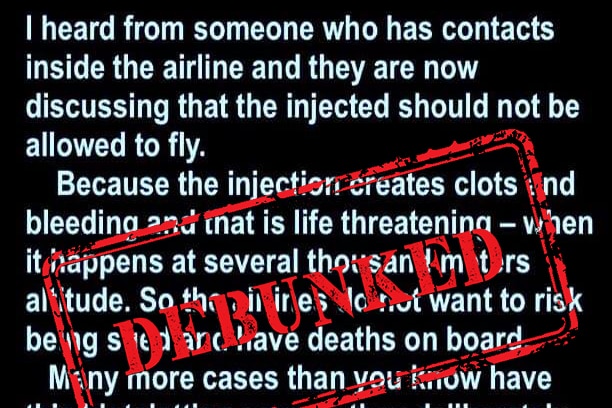A fake news social media post about vaccines and airlines with debunked symbol over it.