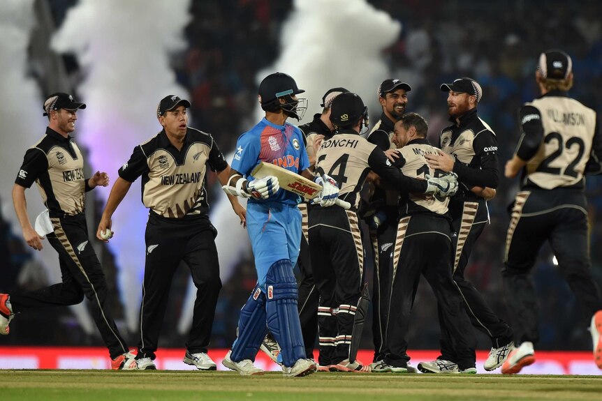 New Zealand celebrates the wicket of Shikhar Dhawan