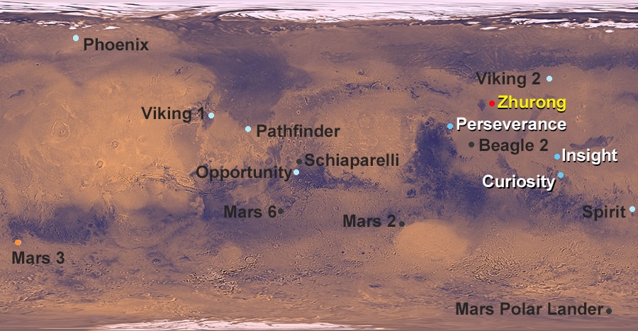 Mappa che mostra il sito di atterraggio del rover Zhurong