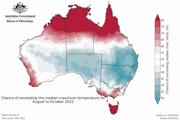 A map of Australia showing chance of exceeding the median maximum temperature for August to October. 