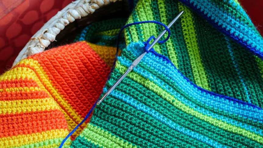 Crochet needle and blanket.