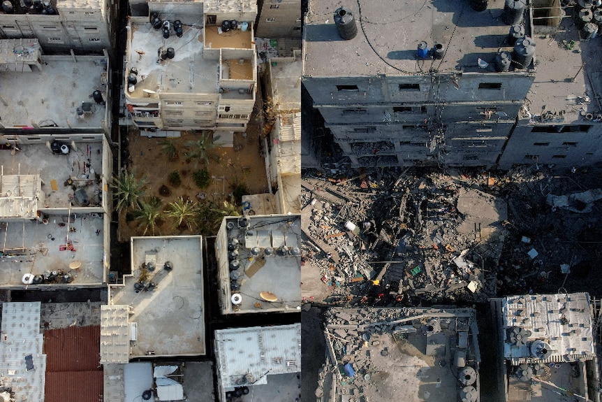 Two aerial photos of apartment buildings, one with greenery and the other with destroyed buildings and rubble