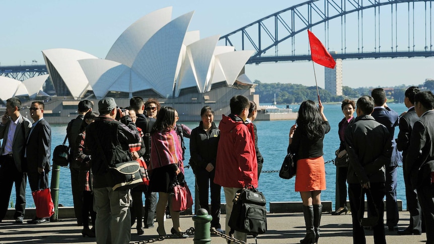 A group of Asian tourists arrive to have their photograph taken in front of the Sydney Opera House and Harbour Bridge, in this photo taken on May 8, 2012