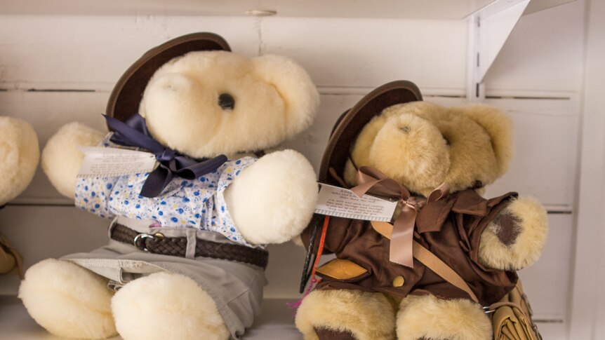 Two teddies in costumes on a shelf in the Tambo shop.