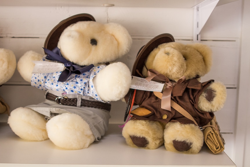 Two teddies in costumes on a shelf in the Tambo shop.