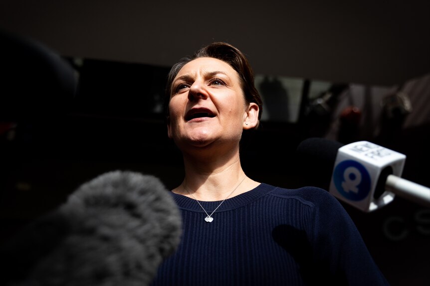 A picture of a middle-aged woman fronting media.
