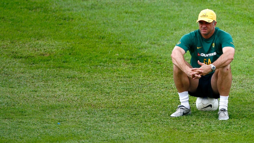 Australia coach Graham Arnold at a 2007 AFC Asian Cup training session at Supachalasai Stadium in Bangkok.