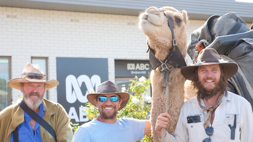 Three men pose for a photo with a camel outside the Broken Hill ABC office