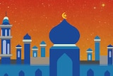 Illustration of a mosque against a sunset backdrop