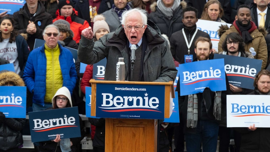 Bernie Sanders with crowd behind him