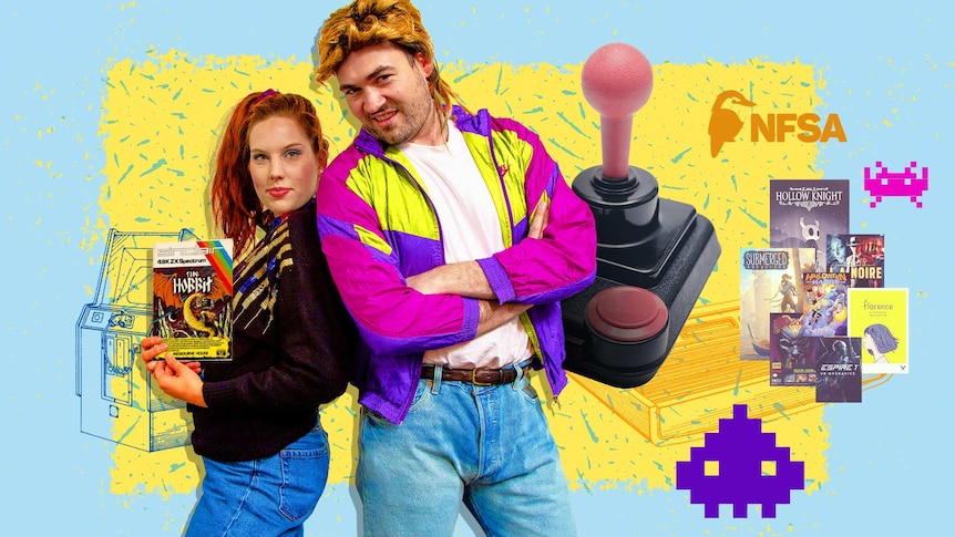 80's styled illustration showing various retro gaming consoles and titles. Matt and Olivia pose dressed in 80s gear.