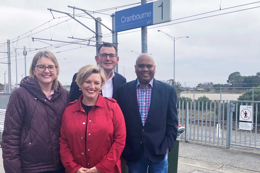 Daniel Andrews, Jacinta Allan and Labor candidates Jude Perera and Pauline Richards on the Cranbourne train platform.