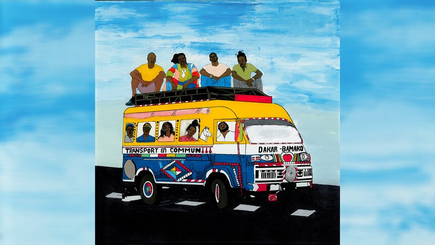 Artwork for Ausecuma Beats' 2024 album Dakar Bamako: illustration of the band riding in a colourful mini van