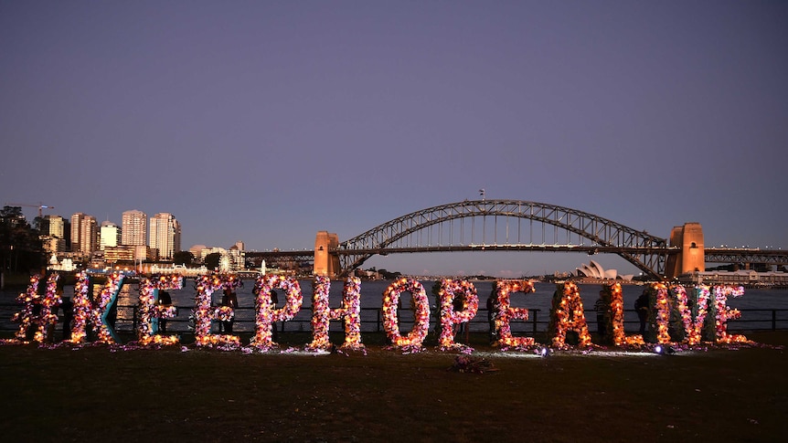 The Sydney vigil for Andrew Chan and Myuran Sukumaran on April 27, 2015 with "keep hope alive" banner