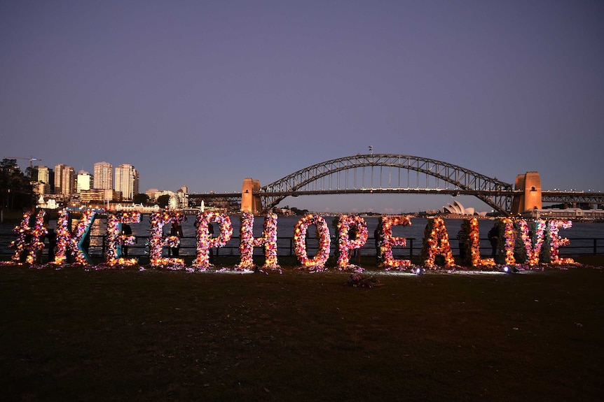 The Sydney vigil for Andrew Chan and Myuran Sukumaran on April 27, 2015 with "keep hope alive" banner