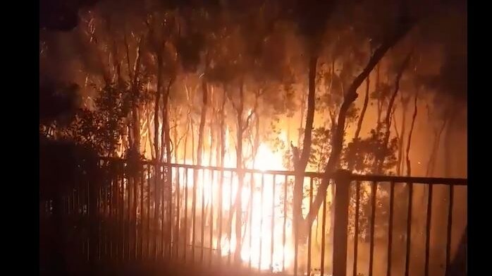 The orange glow of a bushfire can be seen behind the fence line of a home, burning through bushland.