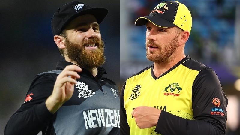 Kane WIlliamson smiles and Aaron Finch looks serious in a composite picture