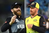 Kane WIlliamson smiles and Aaron Finch looks serious in a composite picture