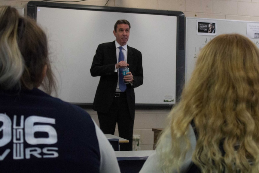 Education Minister Peter Collier teaching an upper school politics class at Eastern Goldfields College.