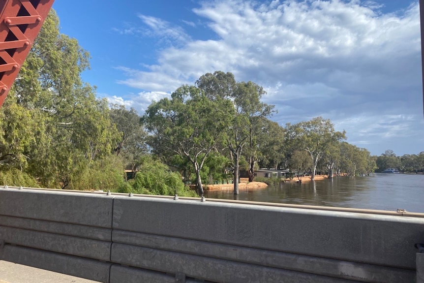 A picture from a bridge of a sandbag levee keeping water out of a caravan park. 
