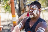 A middle aged Aboriginal man sits under the shade of a tree, his face streaked with white traditional paint
