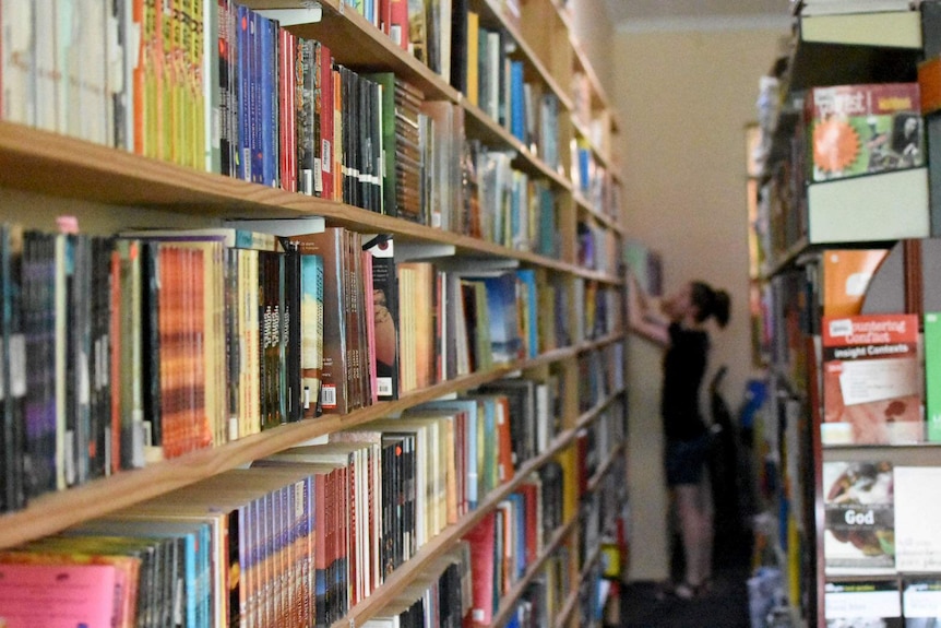 University book store shelves, books