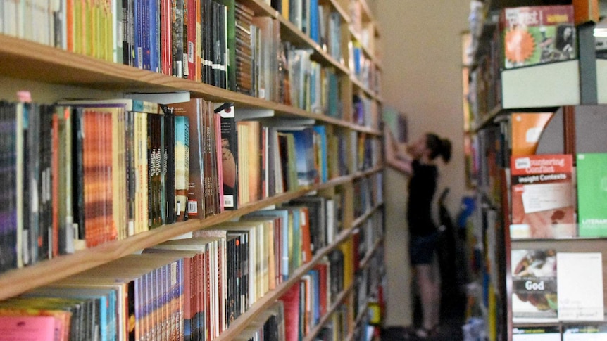 University book store shelves, books