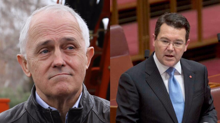 Left: Malcolm Turbull gives an indifferent facial expression. Right: Dean Smith talking at a podium in Parliament