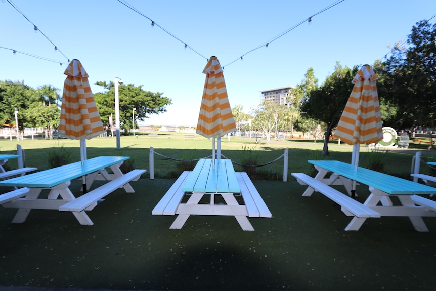 Empty benches on a beautiful sunny day.