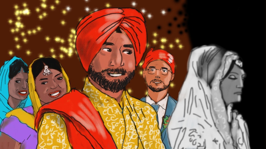 An illustration shows a Sikh wedding, the bride faded and obscured from the scene.