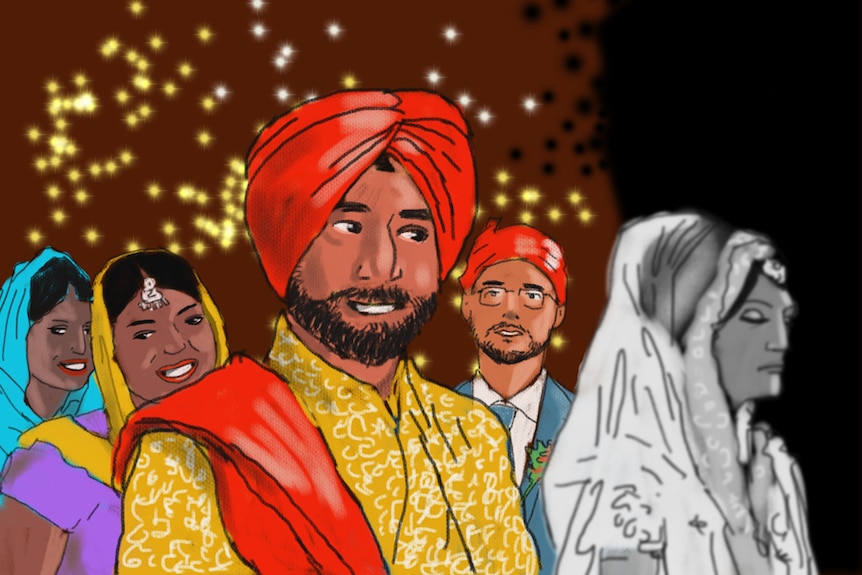 An illustration shows a Sikh wedding, the bride faded and obscured from the scene.