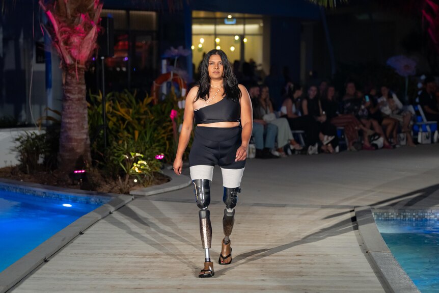 Sara Shams wearing swimmers on the runway at Cairns Fashion Week