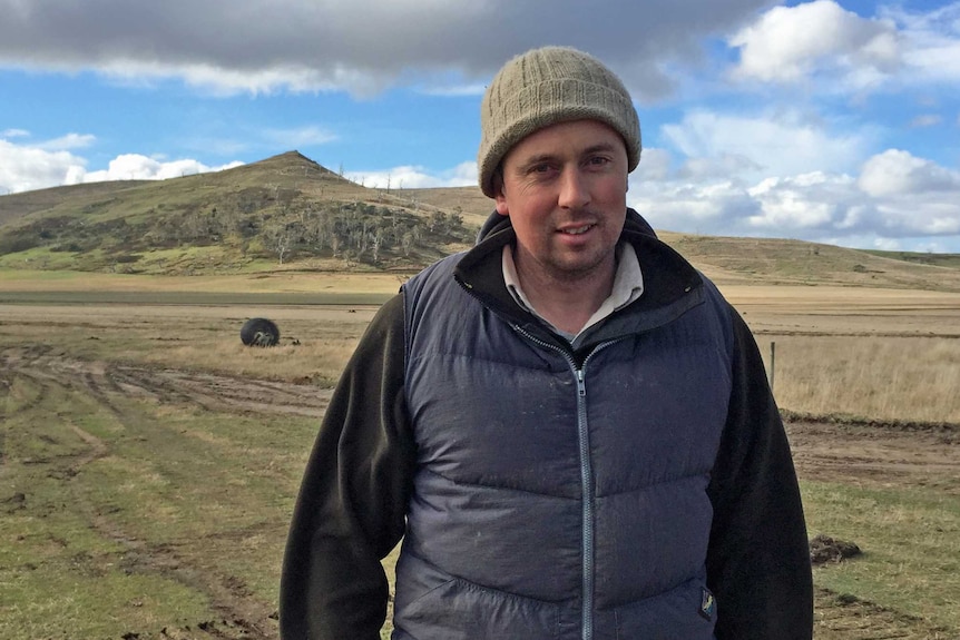 Tasmanian farmer Will Bignell on his property in Tasmania's southern midlands