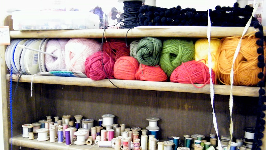 Shelves of sewing materials