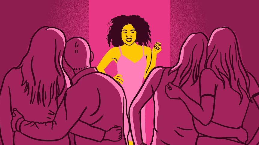 An illustration of a woman standing with a spotlight on her and couples around her