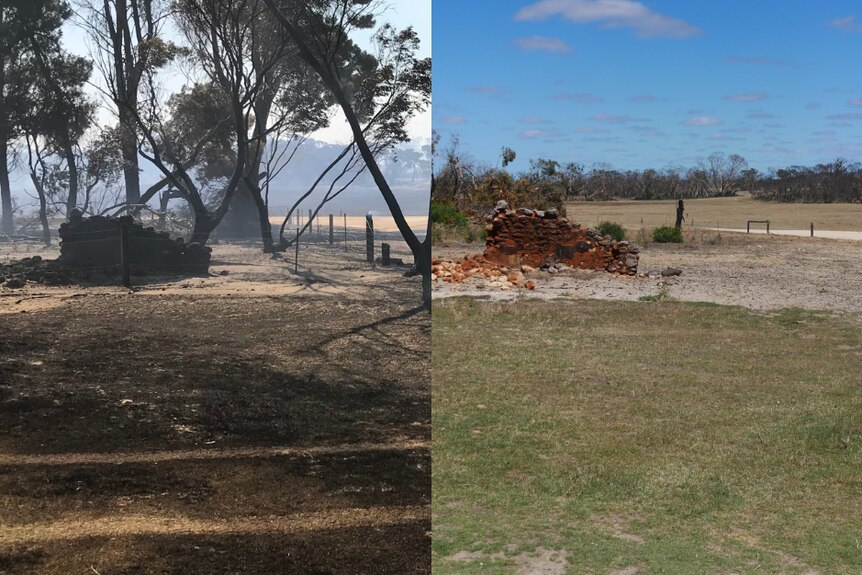 A before and after photo of a charred brick wall at a property in Sherwood.