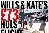 A headline reads: "Wills and Kate's 73 GBP hols flight" with a picture of William, Kate, George, Louis and Charlotte behind it.
