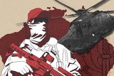 A collage illustration of a soldier wearing a white mask and holding a gun and a helicopter in front of Australia.