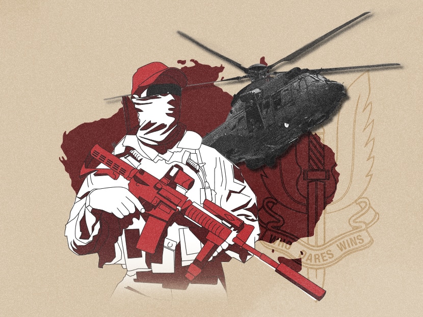 A collage illustration of a soldier wearing a white mask and holding a gun and a helicopter in front of Australia.