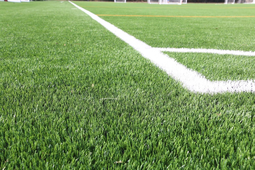 Artificial grass and one of the side lines of a soccer pitch.