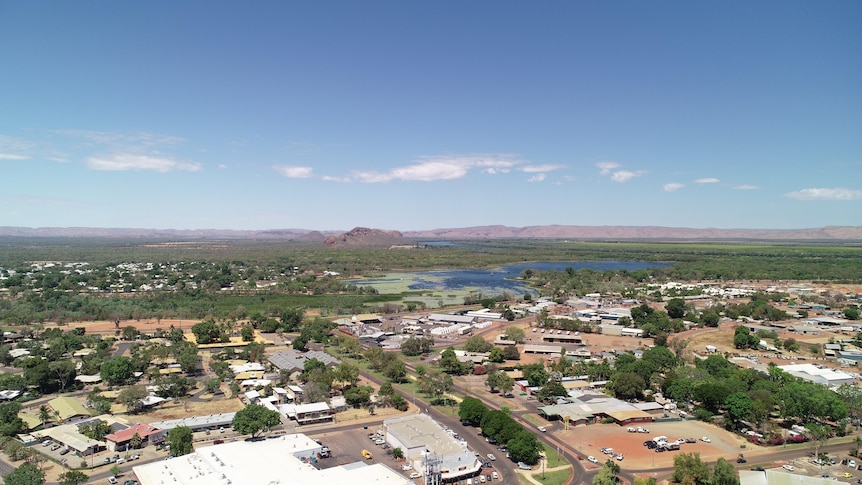 An aerial view of an outback town.