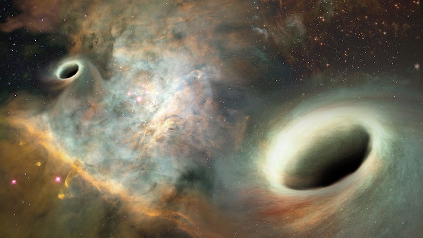Artist's conception shows two supermassive black holes, similar to those observed by researchers