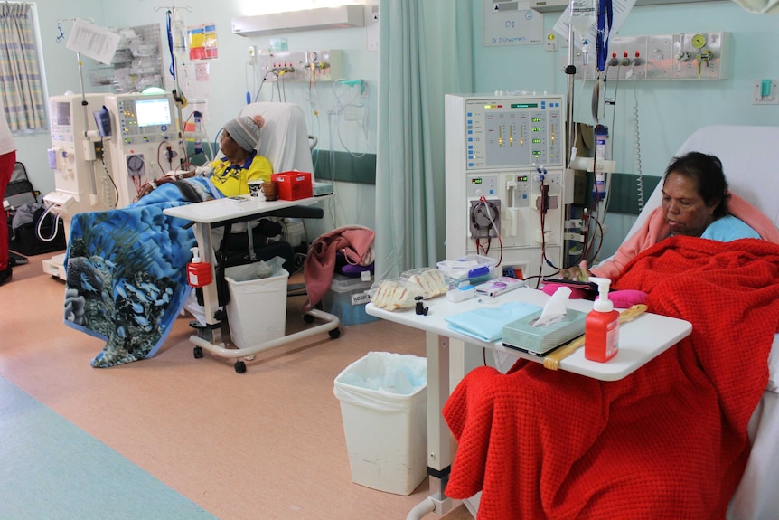Two patients in hospital receiving dialysis treatment