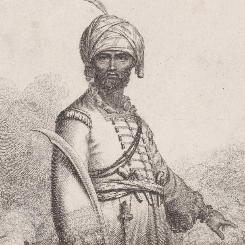 An engraving illustration of a man wearing a turban and holding a sabre.