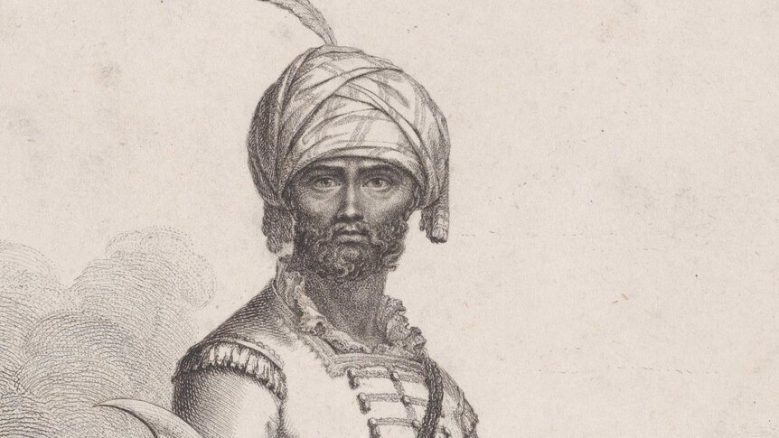 An engraving illustration of a man wearing a turban and holding a sabre.