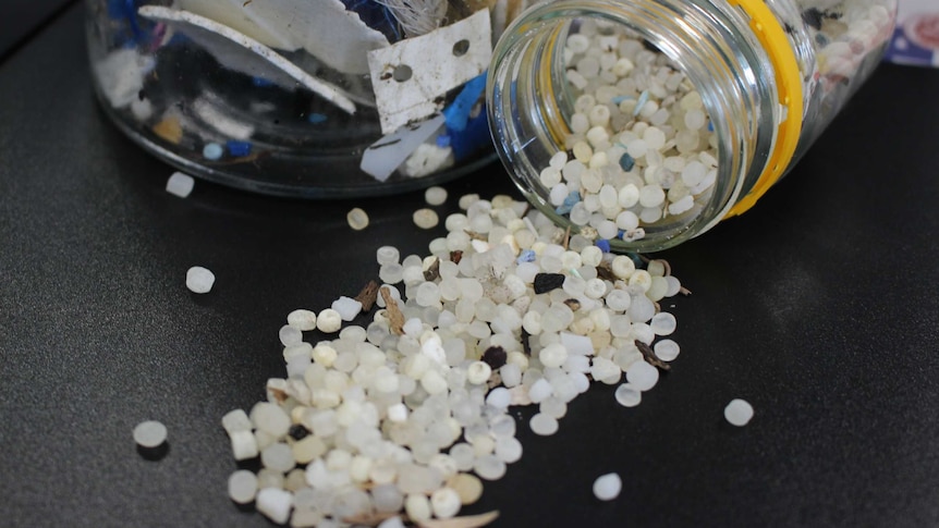 A jar full of micro-plastics laying on its side, spilled out onto a bench.