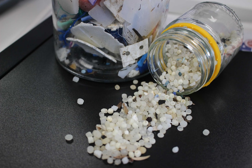 A jar full of micro-plastics laying on its side, spilled out onto a bench.