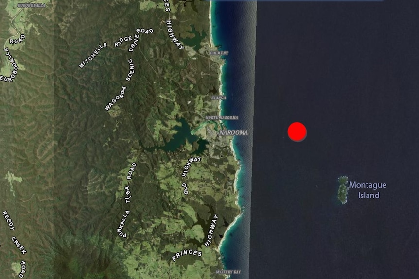 A map showing part of the NSW east coast, with a red dot in the sea marking flotsam.