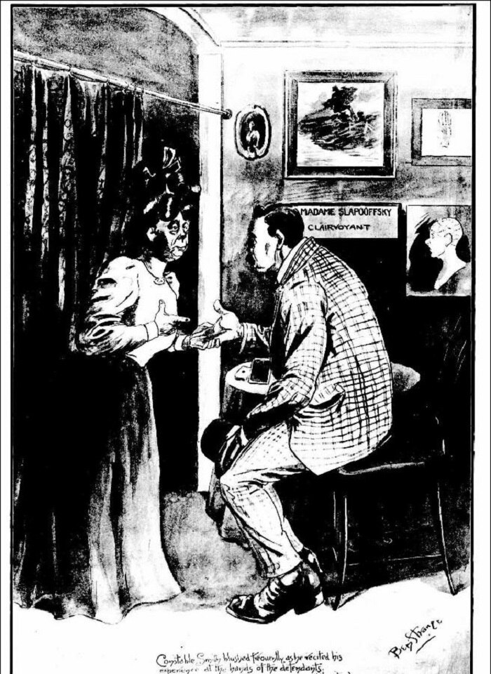 In a cartoon by Ben Strange (1868-1930) an undercover policeman visits a clairvoyant.